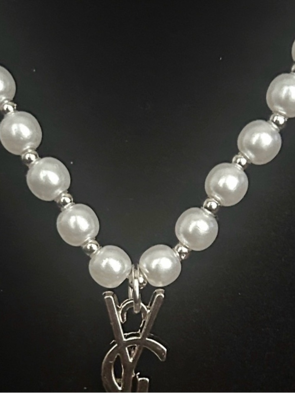 Pearl Bead Necklace with Silver Logo Charm